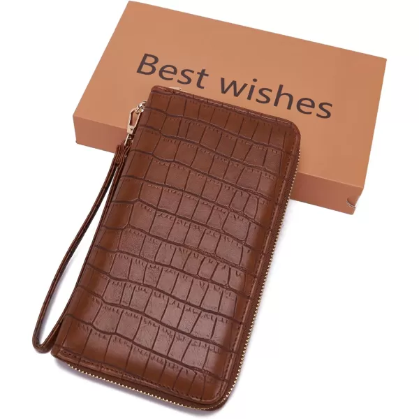YZAOLL Women's Zip-Around Wristlet Wallet with RFID-Blocking Proteceion Large Capacity PU Leather Cards Holder with Checkbook Passport Slots,Brown
