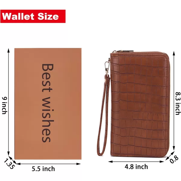 YZAOLL Women's Zip-Around Wristlet Wallet with RFID-Blocking Proteceion Large Capacity PU Leather Cards Holder with Checkbook Passport Slots,Brown