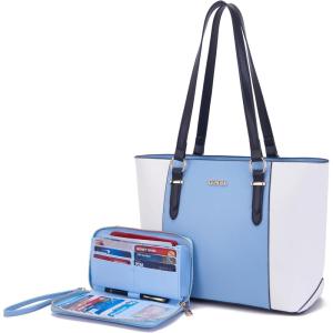 imageYZAOLL Purses for Women Faux Leather Medium Large Tote Satchel Shoulder Purse Handbag Wallet setBluewhite2pcs