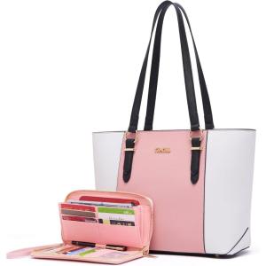 imageYZAOLL Purses for Women Faux Leather Medium Large Tote Satchel Shoulder Purse Handbag Wallet setCpinkwhite
