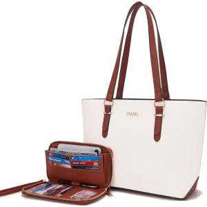 imageYZAOLL Purses for Women Faux Leather Medium Large Tote Satchel Shoulder Purse Handbag Wallet setQbrownwhite