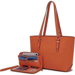 imageYZAOLL Purses for Women Faux Leather Medium Large Tote Satchel Shoulder Purse Handbag Wallet setQorange