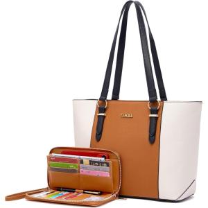 imageYZAOLL Purses for Women PU Leather Medium Tote Satchel Handbags with Matching Wrist Bag setCbrownbeige