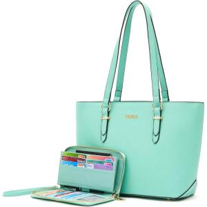 imageYZAOLL Purses for Women PU Leather Medium Tote Satchel Handbags with Matching Wrist Bag setLightgreen