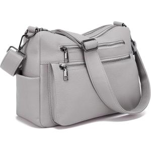 imageYZAOLL Large Crossbody Bag for Women Vegan Leather Tote with Adjustable Wide Strap Waterresistant Work Purse with 10 PocketsAsygray