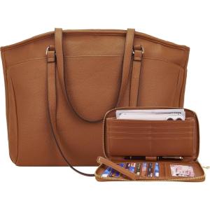 imageYZAOLL 156 Inch Laptop Tote Bag for WomenLightweight Waterresistant Vegan Leather with Padded Sleeve MultiPocket Work BagBrown