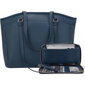 imageYZAOLL 156 Inch Laptop Tote Bag for WomenLightweight Waterresistant Vegan Leather with Padded Sleeve MultiPocket Work BagSeablue