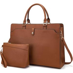 imageYZAOLL 156quot Vegan Leather Laptop Bag for Women Lightweight WaterResistant Work Tote ampamp Briefcase for TravelCollegeOfficeBrown