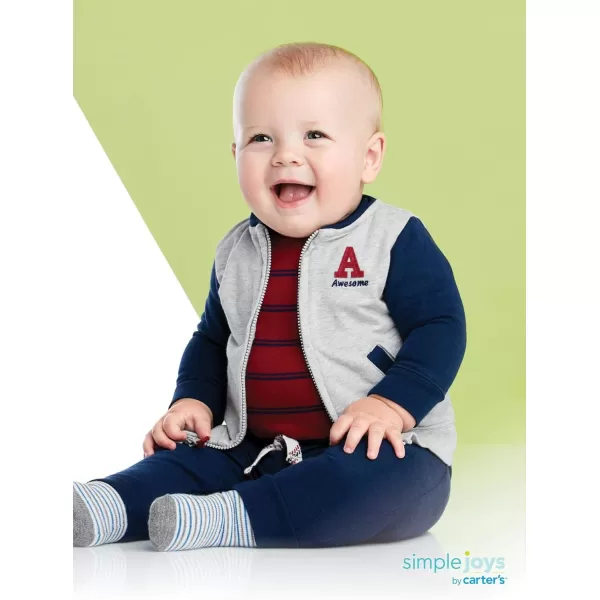 imageSimple Joys by Carters Baby Boys 4Piece Jacket Pant and Bodysuit SetGreyNavyRed StripeWhite Sports