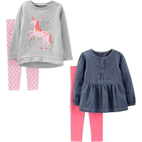 imageSimple Joys by Carters Toddlers and Baby Girls 4Piece LongSleeve Shirts and Pants Playwear SetDenimGrey UnicornLight PinkPink