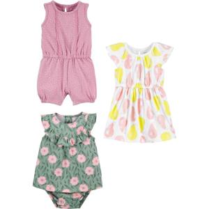 imageSimple Joys by Carters Baby Girls 3Pack Romper Sunsuit and DressDotsFlowersPears