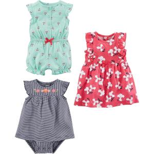 imageSimple Joys by Carters Baby Girls 3Pack Romper Sunsuit and DressMint Green CherryNavy StripePink Floral