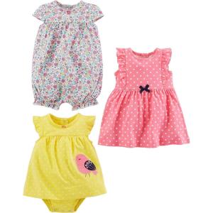 imageSimple Joys by Carters Baby Girls 3Pack Romper Sunsuit and DressPink DotsWhite FloralYellow Bird