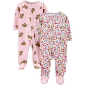 imageSimple Joys by Carters Baby Girls Cotton Footed Sleep and Play Pack of 2Pink BearWhite Floral