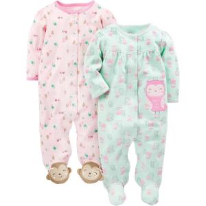 imageSimple Joys by Carters Baby Girls 2Pack Cotton Snap Footed Sleep and PlayMint Green OwlsPink Monkey