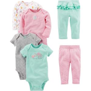 imageSimple Joys by Carters babygirls 6piece Bodysuits Short and Long Sleeve and Pants SetAqua Green ElephantGrey DotsPink StripeWhite Forest Animals