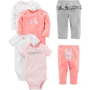 imageSimple Joys by Carters babygirls 6piece Bodysuits Short and Long Sleeve and Pants SetMulticolorBunnyDotsText Print