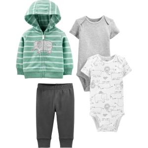 imageSimple Joys by Carters babyboys 4piece Jacket Pant and Bodysuit SetDark GreyGreyMint Green ElephantWhite Forest Animals