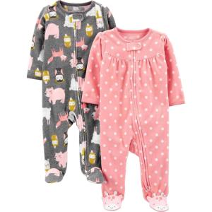imageSimple Joys by Carters Baby Girls Cotton and Fleece Footed Sleep and Play Pack of 2Charcoal Forest AnimalsLight Pink Dots