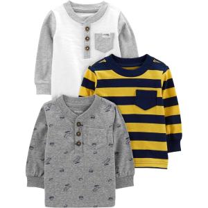imageSimple Joys by Carters Boys 3Pack Long Sleeve ShirtsGrey DinosaurWhiteYellow Stripe