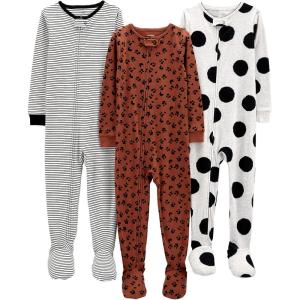 imageSimple Joys by Carters Girls 3Pack Snug Fit Footed Cotton PajamasBrown Animal PrintGrey Polka DotWhite Stripe
