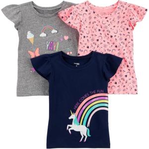 imageSimple Joys by Carters Girls ShortSleeve Shirts and Tops Pack of 3Grey RainbowLight Orange Mixed PrintNavy Unicorn