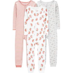 imageSimple Joys by Carters Kids 3Pack Snug Fit Footless Cotton PajamasGrey FloralPink StripeWhite Strawberry