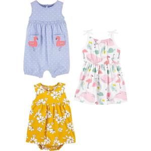 imageSimple Joys by Carters babygirls 3pack Romper Sunsuit and DressFlamingoFlowersSea Friends