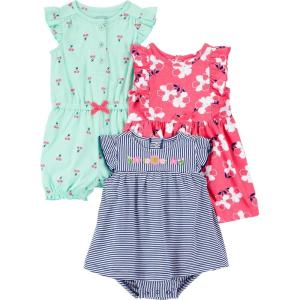 imageSimple Joys by Carters babygirls 3pack Romper Sunsuit and DressMint Green CherryNavy StripePink Floral