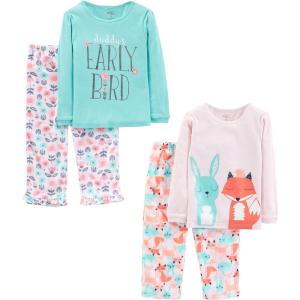 imageSimple Joys by Carters babygirls 4piece Pajama Set Cotton Top ampamp Fleece BottomBlue Text PrintLight Pink FloralPink Forest Animals