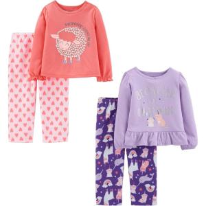 imageSimple Joys by Carters babygirls 4piece Pajama Set Cotton Top ampamp Fleece BottomHeartsSheepText PrintUnicorn