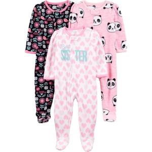 imageSimple Joys by Carters girls LooseFit Flame Resistant Fleece Footed PajamasBlack FloralPink PandaWhite Hearts