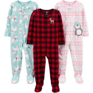 imageSimple Joys by Carters girls LooseFit Flame Resistant Fleece Footed PajamasBuffalo CheckPenguinUnicorn