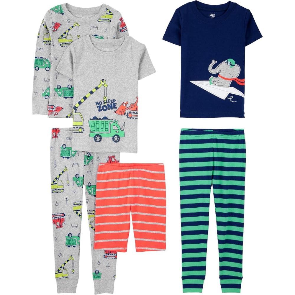 imageSimple Joys by Carters Babies Toddlers and Girls 6Piece SnugFit Cotton Pajama Set Pack of 3Green StripeGrey TrucksNavy ElephantOrange Stripe