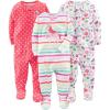 imageSimple Joys by Carters Girls 3Pack Snug Fit Footed Cotton PajamasCoral Orange HeartsLight Pink Fruit PrintWhite Unicorn