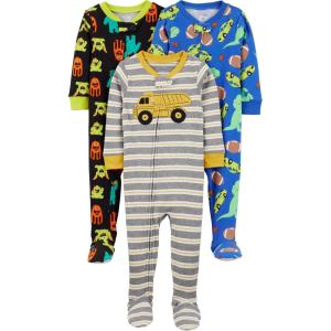 imageSimple Joys by Carters babyboys 3pack Snug Fit Footed Cotton PajamasBlack MonsterBlue DinosaurGrey Stripe