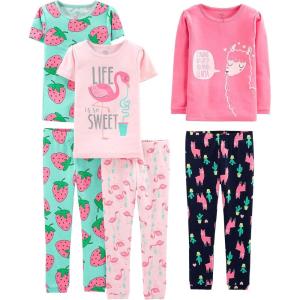 imageSimple Joys by Carters girls 6piece Snug Fit Cotton Pajama SetGreen StrawberriesNavyPink FlamingoRose Llama Print