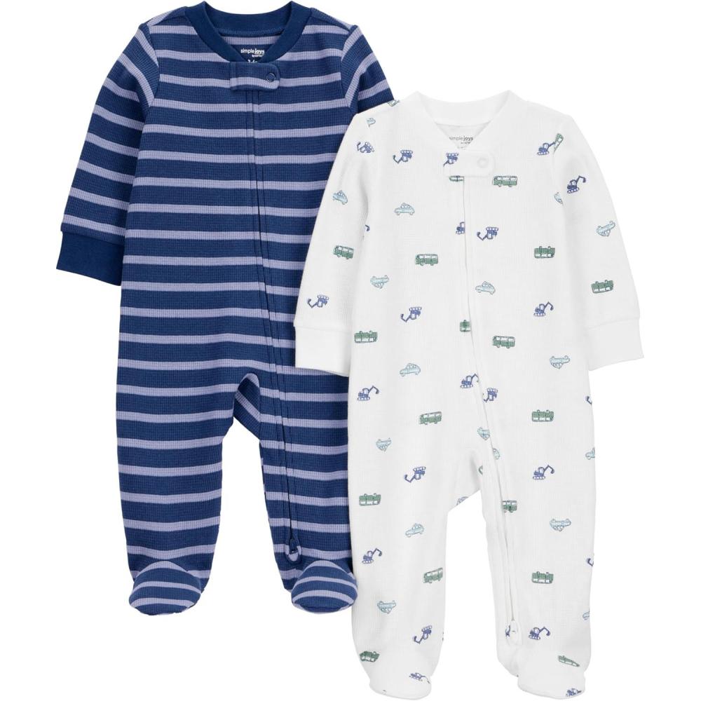 imageSimple Joys by Carters babyboys 2pack 2way Zip Cotton Footed Sleep and PlayTransportation Green