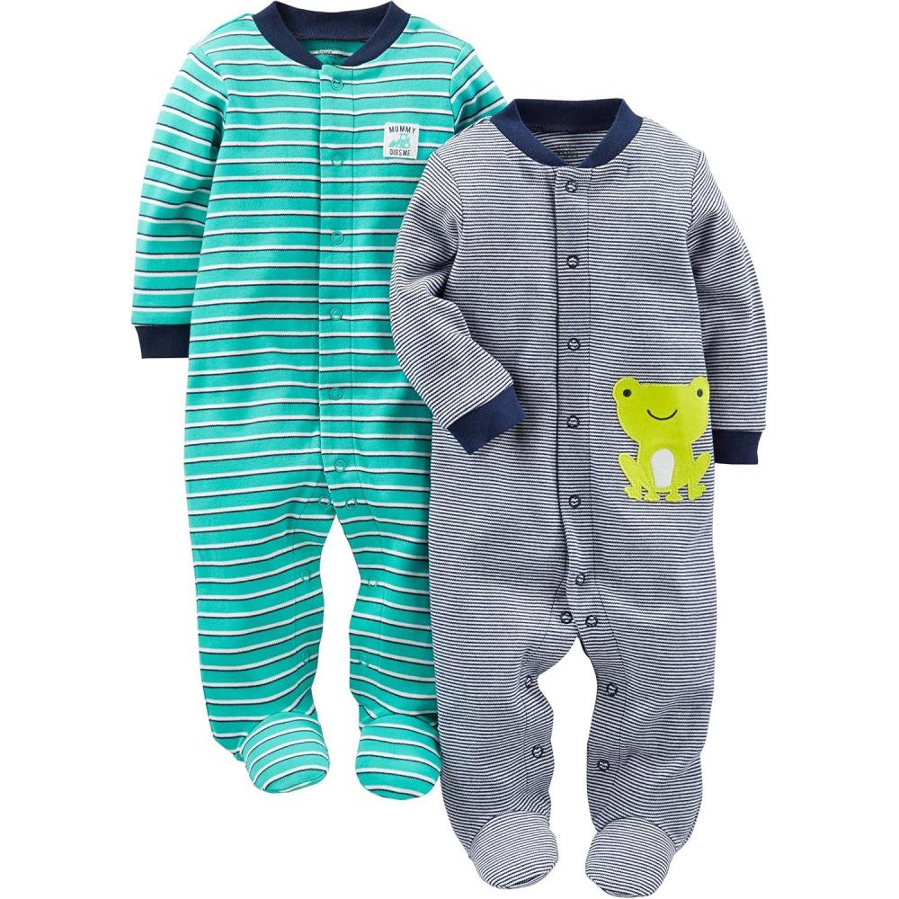 imageSimple Joys by Carters babyboys 2way Zip Thermal Footed Sleep and Play Pack of 2Navy StripeTurquoise Blue Stripe