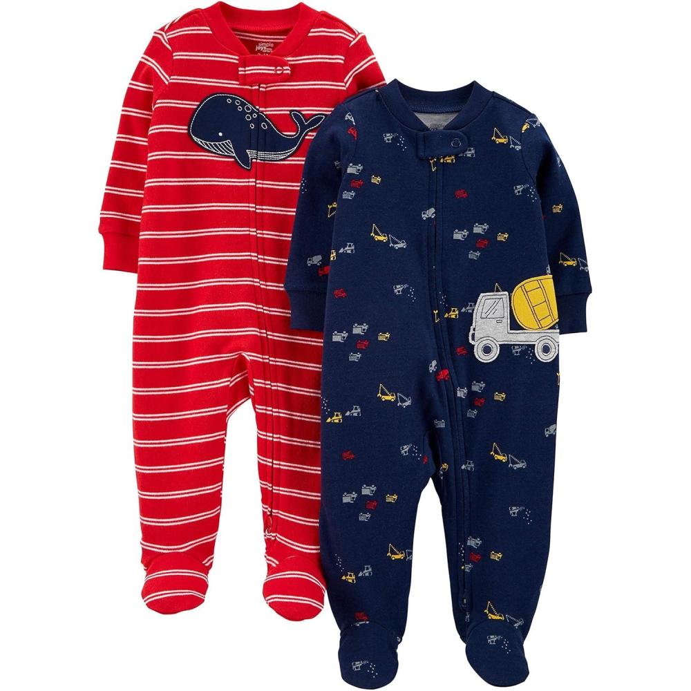imageSimple Joys by Carters babyboys 2way Zip Thermal Footed Sleep and Play Pack of 2Navy TrucksRed Whale