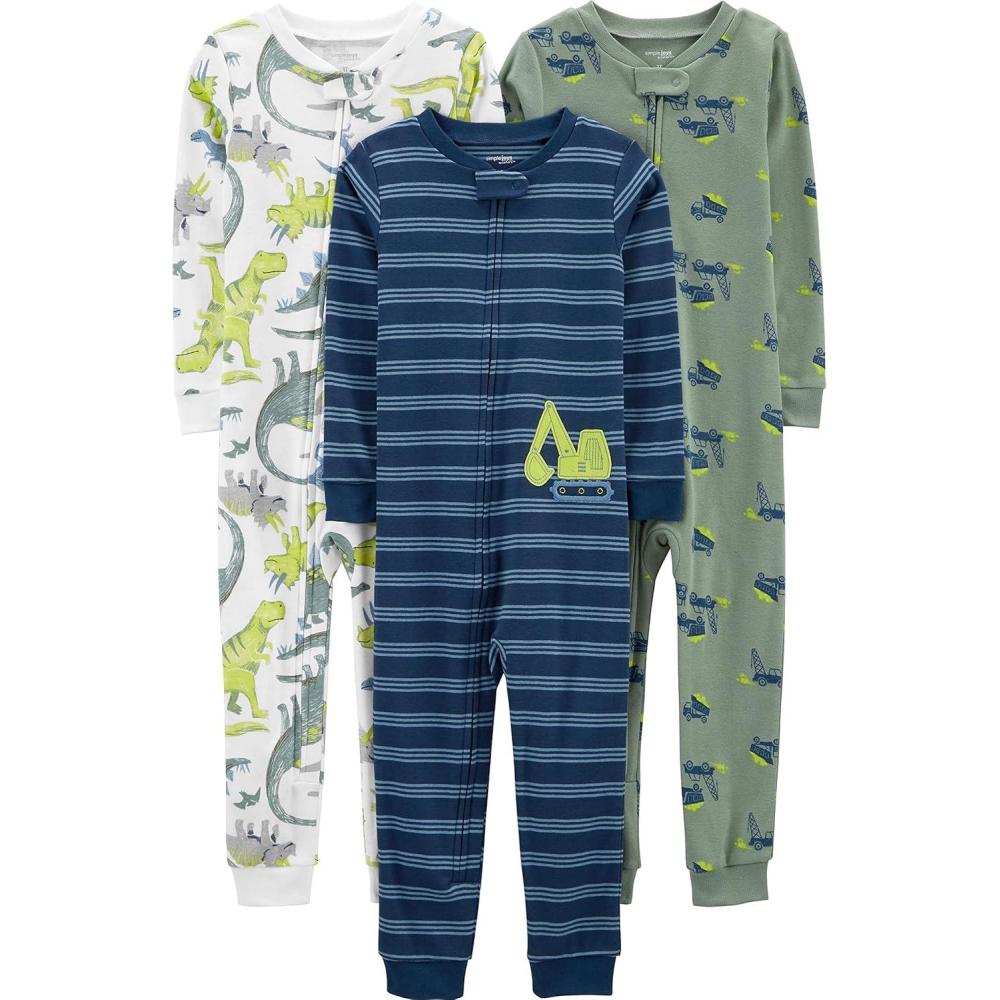 imageSimple Joys by Carters babyboys 3pack Snug Fit Footless Cotton PajamasBlue StripeGreen TrucksWhite Dinosaur