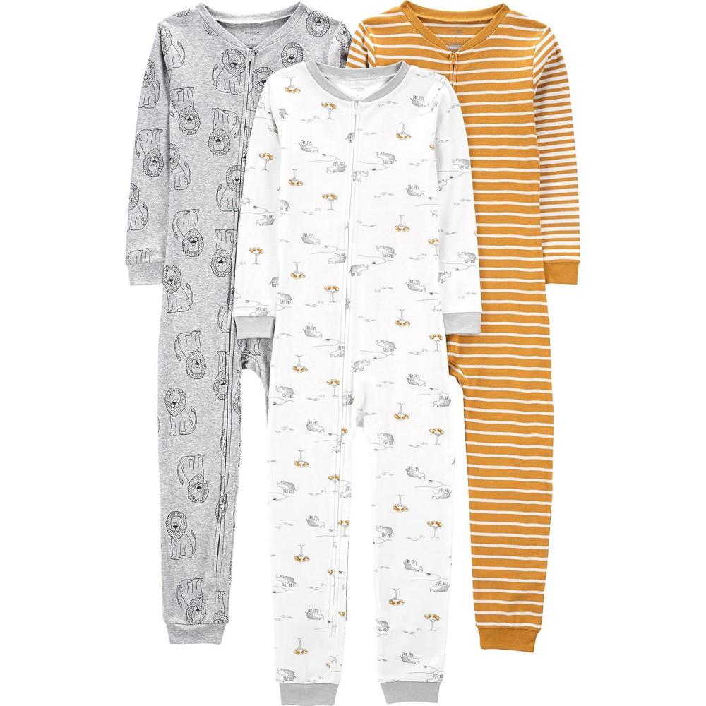 imageSimple Joys by Carters babyboys 3pack Snug Fit Footless Cotton PajamasGold StripeGrey LionWhite Animal