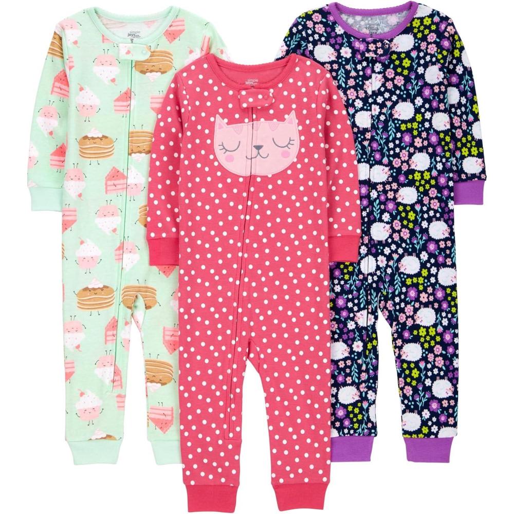 imageSimple Joys by Carters babyboys 3pack Snug Fit Footless Cotton PajamasSweetsFloralKitty