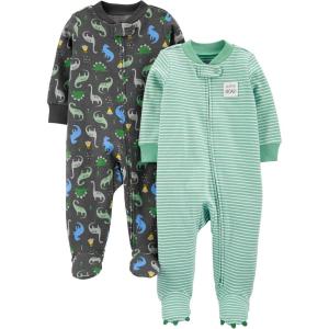 imageSimple Joys by Carters babyboys 2way Zip Thermal Footed Sleep and Play Pack of 2Dark Grey DinosaurMint Green Stripe