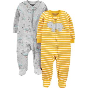 imageSimple Joys by Carters babyboys 2way Zip Thermal Footed Sleep and Play Pack of 2Grey CowYellow Hippo