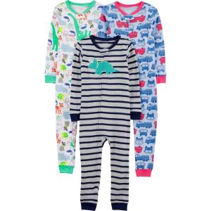 imageSimple Joys by Carters babyboys 3pack Snug Fit Footless Cotton PajamasBlue FiretruckGrey StripeWhite Dinosaur